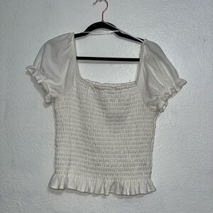 Women’s White Smocked Top With Puff Sleeves Short Sleeve Size Large Cottagecore